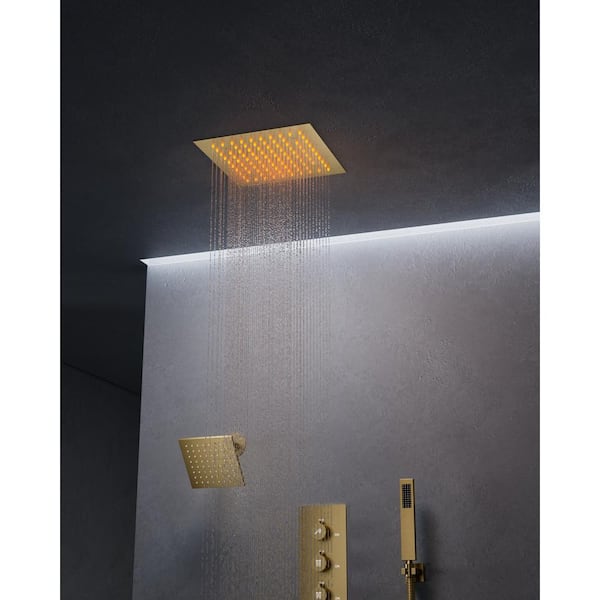 Chromotherapy 7-Spray Square 12in. Rain LED Shower System with 6in. Shower Head Handheld shower in Brushed Gold 2.5 GPM