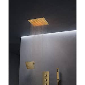 LED 7-Spray Patterns 12 in. 6 in. Square Ceiling and Wall Mount Fixed and Handheld Shower Head in Brushed Gold