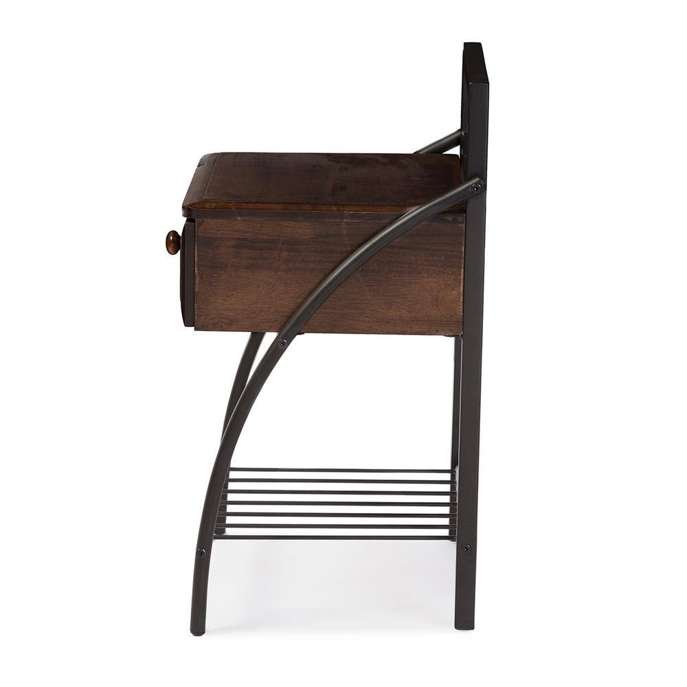 Jevenci Vintage Industrial Black Metal and Wood Nightstand with Drawer