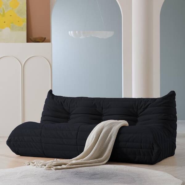 J E Home 68.9 in. W Armless Soft Teddy Velvet Rectangle 3 Seater Floor Lazy Reclining Futon Sofa in Black GD WF281311AAE