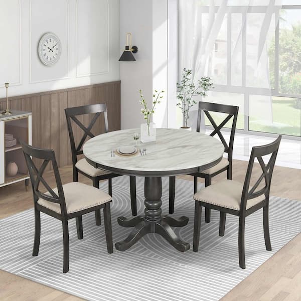 5-Piece Round Gray Wood Top Dining Room Set Seats 4