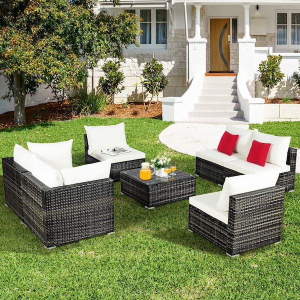 Costway 7 Pieces Patio Rattan Furniture Set Sectional Sofa Garden White Cushion QD 680ZIT The Home Depot