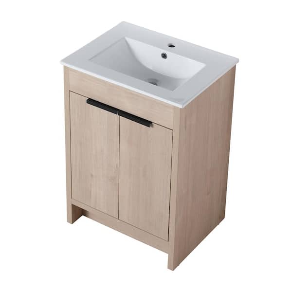 Unbranded 24 in. W x 18 in. D x 34 in. H Freestanding Oak Bath Vanity with White Ceramic Sink and 2 Soft-Close Cabinet Doors