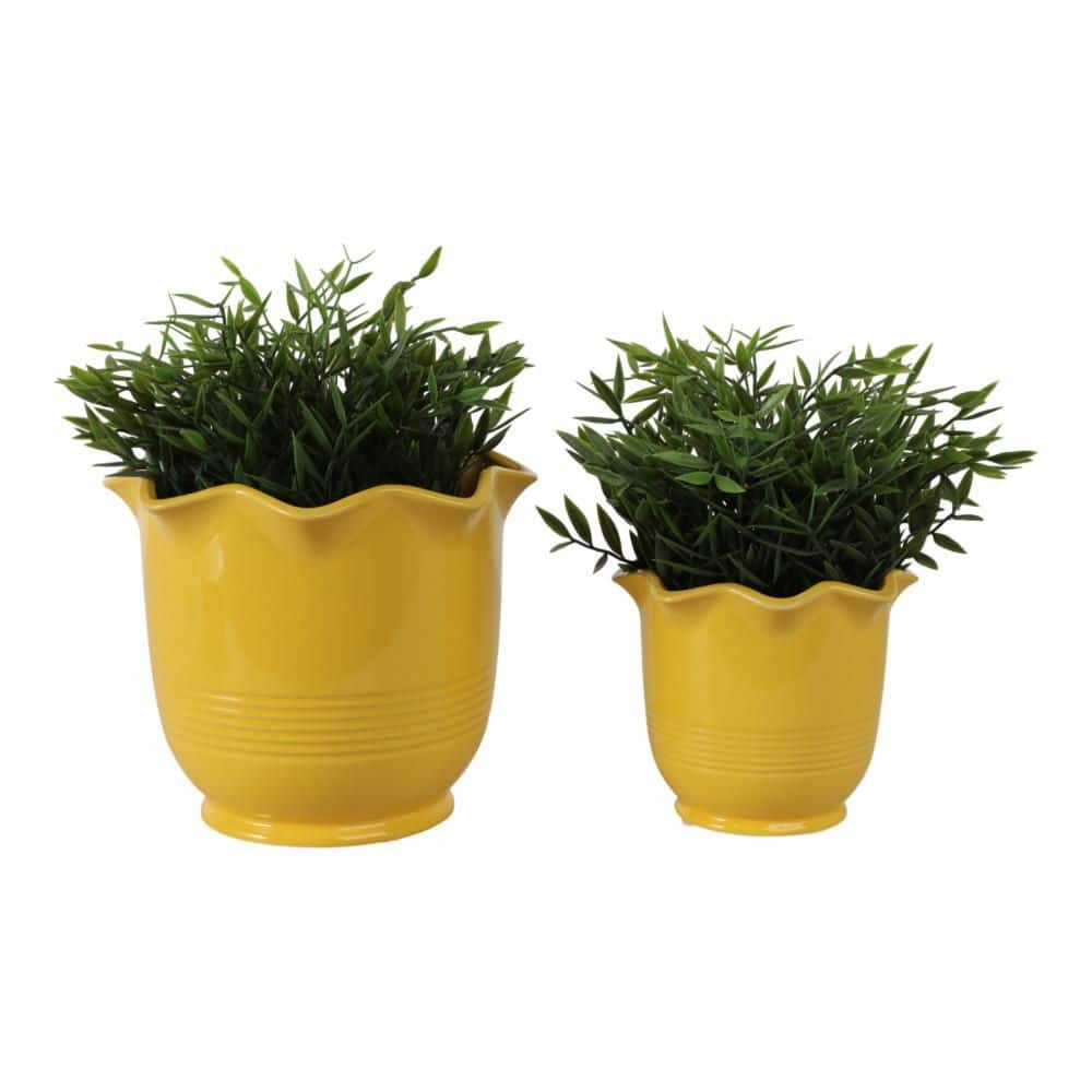 6 in. and 8 in. Yellow Ceramic Round Fluted Decorative Pots (Set of 2)