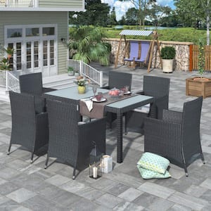Dining Set Black 7-Piece PE Rattan Wicker Outdoor Dining Patio Table Set with Wood Tabletop and Beige Cushions for Lawn