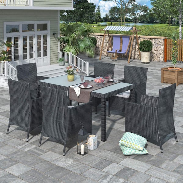 Unbranded Dining Set Black 7-Piece PE Rattan Wicker Outdoor Dining Patio Table Set with Wood Tabletop and Beige Cushions for Lawn