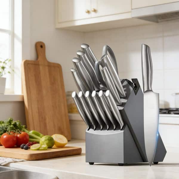 14-Piece Premium Japanese Stainless Steel Kitchen Knife Set with Built-in Sharpener & Acacia Wood Knife Block