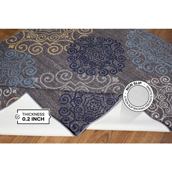 World Rug Gallery Contemporary Large Floral Non-Slip (Non-Skid) Gray 5'3 inch x 7'3 inch Indoor Area Rug