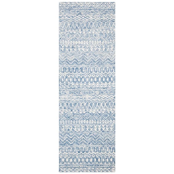 Micro-Loop 2 ft. x 17 ft. Blue/Ivory Distressed Tribal Runner Rug