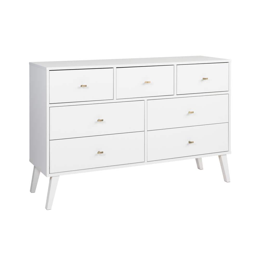White Mid-Century Modern Double Dresser with Brass Knobs