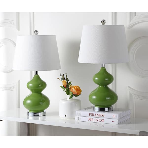 Eva 24 in. Fern Green Double Gourd Glass Table Lamp with Off-White Shade (Set of 2)