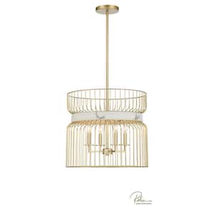 Park Slope 60-Watt 4-Light Nouveau Gold Cage Pendant Light with Faux Alabaster Ring and No Bulbs Included