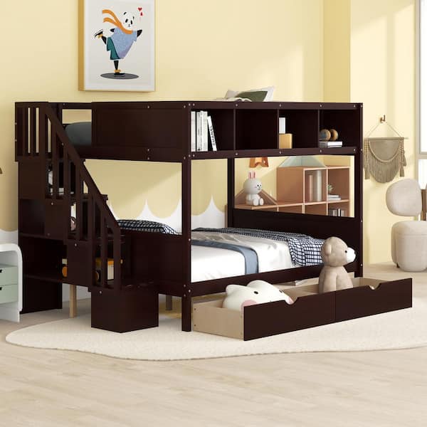 Polibi Espresso Twin Over Full Bunk Bed with Shelfs, Storage Staircase and 2-Drawers