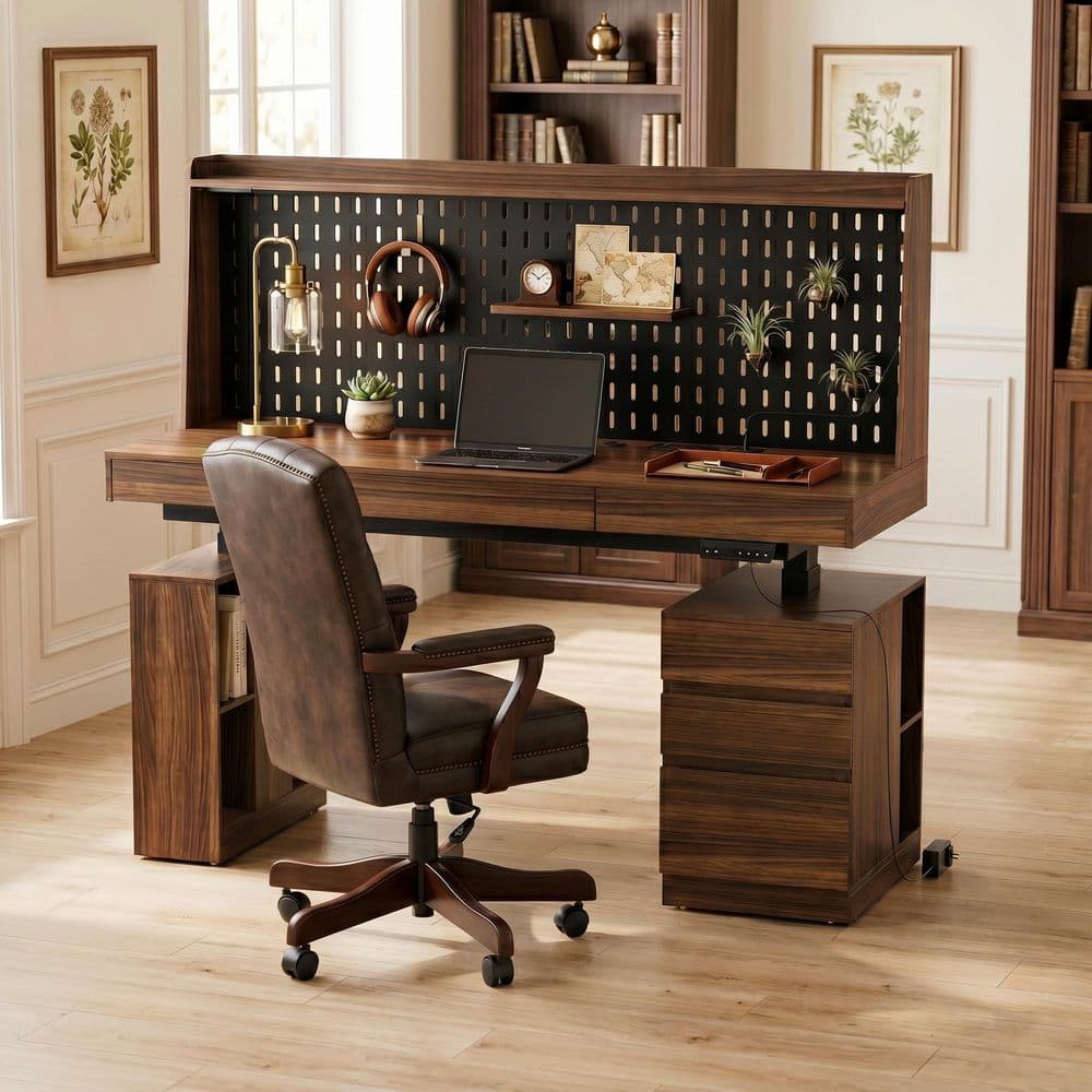 59 in. Rectangular Brown Wood 3-Drawer Executive Desk, Computer Desk with Adjustable Height, Keyboard Tray and Socket​