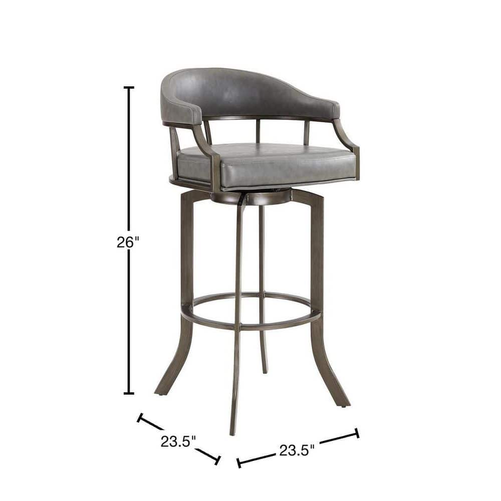 Transitional Gray Leather & Metal Swivel Saddle Stool, 24"W
