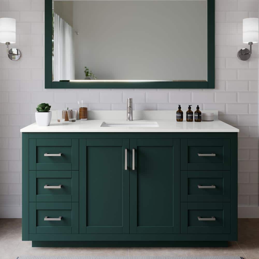 Miranda 60 in. W x 22 in. D x 33.75 in. H Single Bath Vanity in Green with White Quartz Top and 58 in. Mirror price history on PriceWatchPro