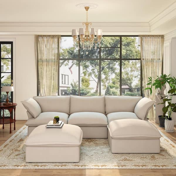 Large 123 in. Flared Arm 5-piece Linen U-shaped Modular Cloud Sectional Sofa with 2 Ottomans Washable Covers in. Beige