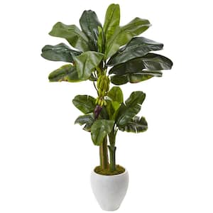 5 ft. Artificial Double Stalk Banana Tree in White Planter