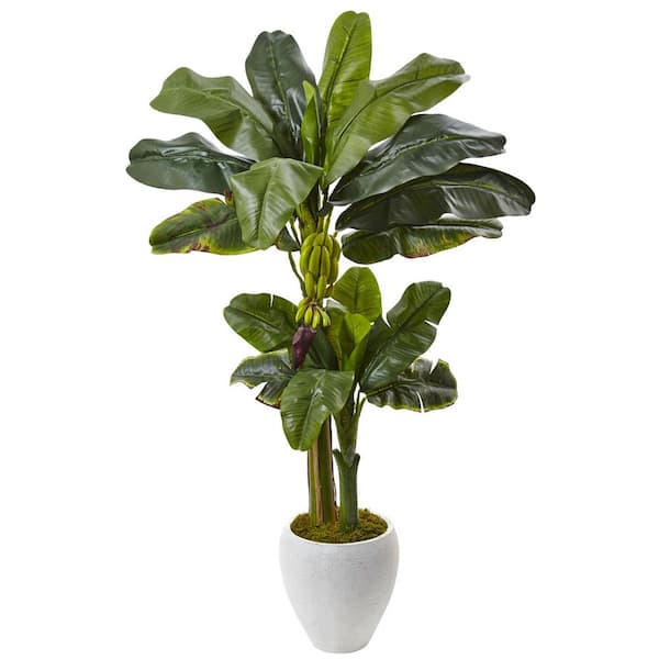 Nearly Natural 5 ft. Artificial Double Stalk Banana Tree in White Planter