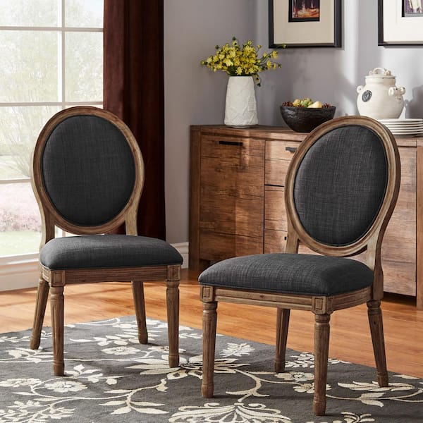HomeSullivan Brown Finish Grey Round Linen And Wood Dining Chairs (Set of 2)