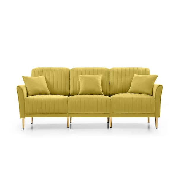 Unbranded 81.9 in. Wide Flared Arm Velvet Mid-Century Straight Channel Tufted Sofa with Throw Pillows in Ginger Gold
