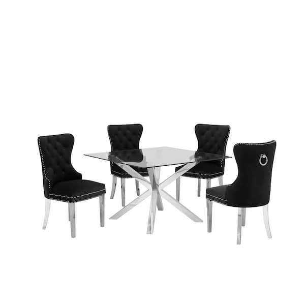 Best Quality Furniture Anitta 5-Piece Square Glass Top With Stainless Steel Base Table Set, 4 Black Velvet Chair With Nailhead TrimandBack Ring