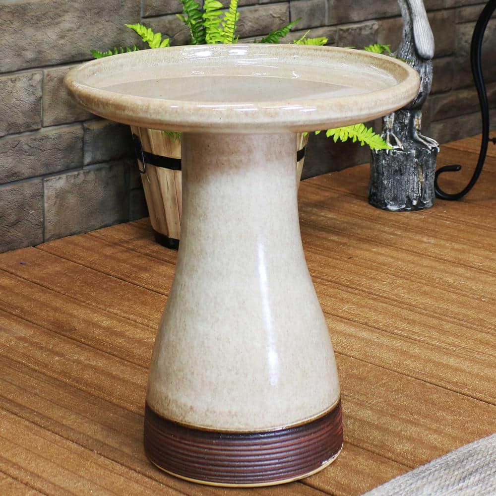 Yam Ceramic Duo-Tone Outdoor Bird Bath with Ribbed Pedestal