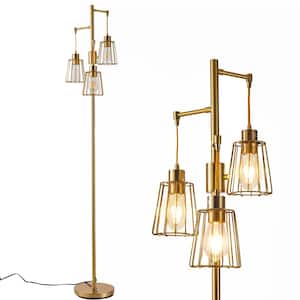 70 in. Gold LED Tree Floor Lamp with 3 Cage Shades and Edison Bulbs