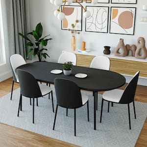 Tule 7 Piece Dining Set in Steel with 6 Leather Seat Dining Chairs and 71 in. Oval Dining Table, Black/White