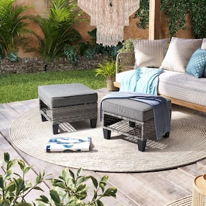 All-Weather Multipurpose Wicker Outdoor Patio Ottoman with Removable Gray Cushions (2-Pack)