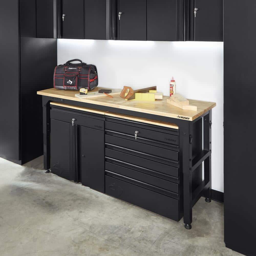 76 in. W x 23 in. D Adjustable Height Black Workbench with Solid Wood Top