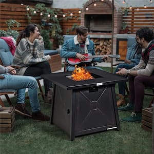 Black Square Metal 25 in. Height Fire Pit Table with Waterproof Cover Lava Rock 50,000 BTU 2-in-1 Function