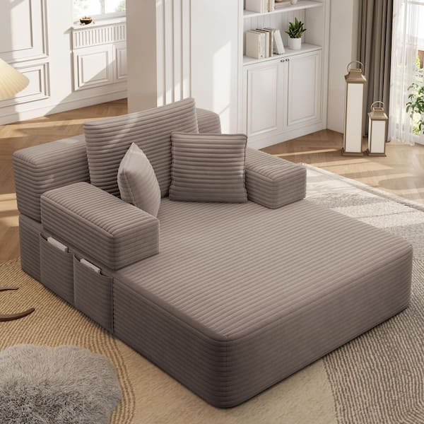 Frameless Design and Compression Foam Coffee Corduroy Chaise Lounge Full Size Sofa Bed with 3 Pillows, Storage Pockets