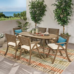 Hermosa 30 in. Grey 7-Piece Wood Oval Outdoor Patio Dining Set with Cream Cushions
