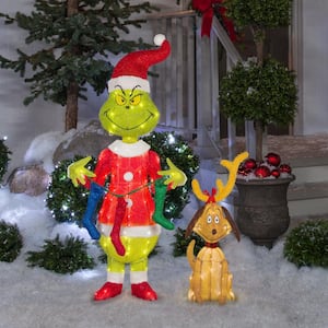 49.21 in. Tall 3D Lighted Christmas Tinsel Yard Sculpture-The Grinch with Stockings -Dr.Seuss