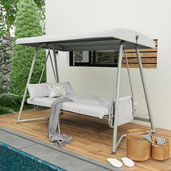 770 lbs. Outdoor Porch Swing, 3-Person Adjustable Backrest Patio Swing Chair with Stand, Convertible Tilt Canopy