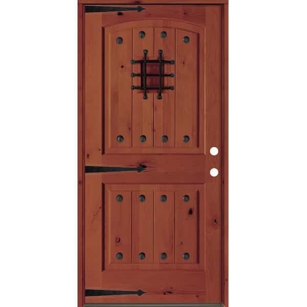 Mediterranean 30 in. x 80 in. Knotty Alder Left-Hand/Inswing Arch Top BEHR Amaretto Stain Wood Prehung Front Door