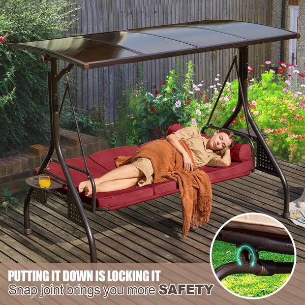3-Seat Wine Red Metal Patio Swing with Adjustable Hardtop, 3