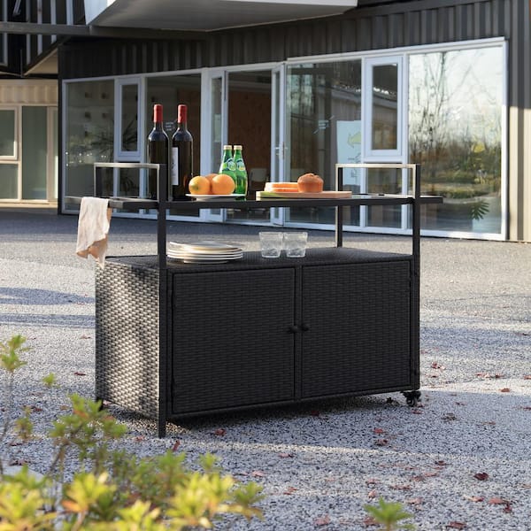 Tunearary Outdoor Patio with Wheels Portable Black Wicker Bar Cart with Glass Top