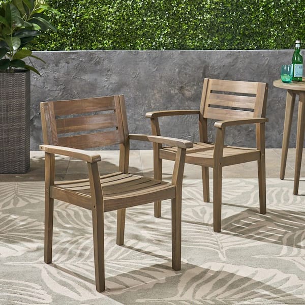 Gray Acacia Wood Outdoor Dining Chairs, Armchair (Set of 2)