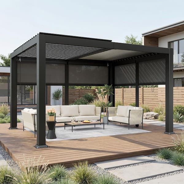 VIWAT 10 ft. x 12 ft. Black Aluminum Outdoor Louvered Pergola With