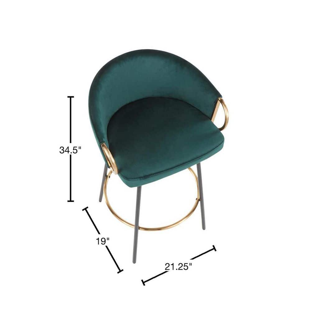 Emerald Green Velvet and Gold Metal Swivel Counter Stools, Set of 2