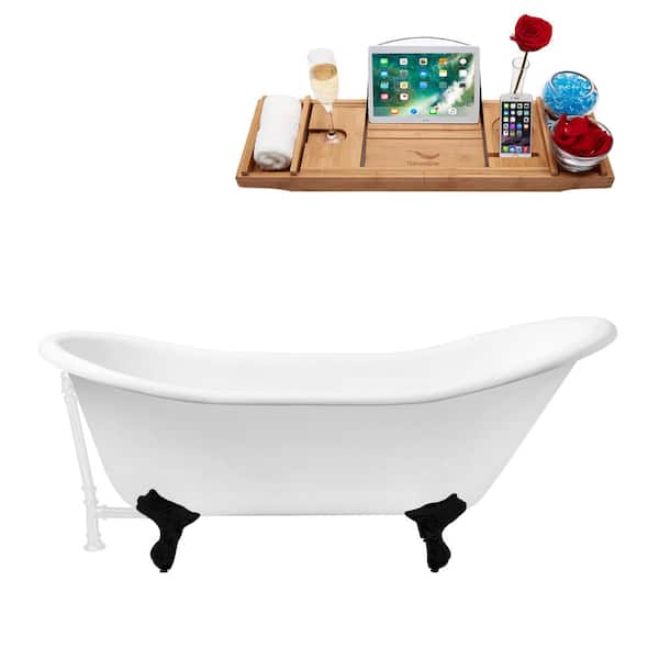 Streamline 67 in. x 30 in. Cast Iron Clawfoot Soaking Bathtub in Glossy White with Matte Black Clawfeet and Glossy White Drain