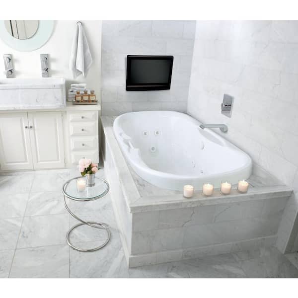 Universal 70 in. Oval Drop-In Whirlpool Bathtub with Heater Center Drain Acrylic in White