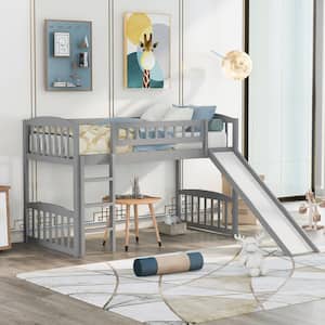 Gray Wood Frame Twin Size Low Loft Bed with Slide and Built-in Ladder