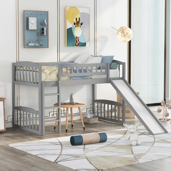 Harper & Bright Designs Gray Wood Frame Twin Size Low Loft Bed with Slide and Built-in Ladder