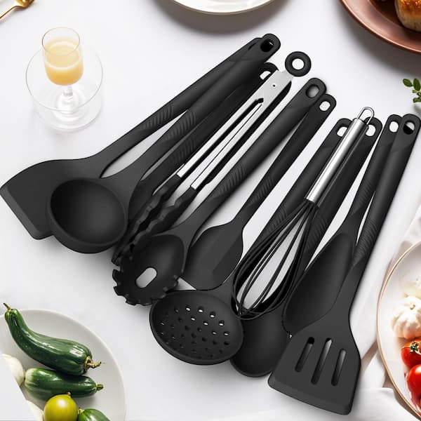 Silicone Kitchen Utensils Set with Stainless Steel Core 10-Piece Nonstick Cooking Tools, Heat Resistant, Black