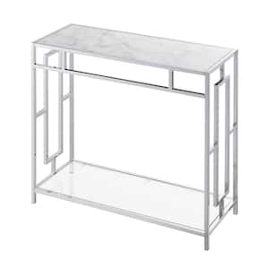 Town Square 31.5 in. Chrome Faux Marble Rectangle Glass Hall Console Table with Shelf