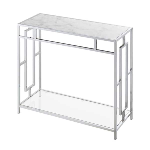 Convenience Concepts Town Square 31.5 in. Chrome White Faux Marble Rectangle Glass Hall Console Table with Shelf