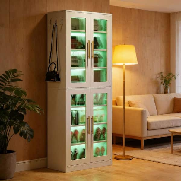 67 in. H x 25 in. W White Wood Shoe Storage Cabinet with LED